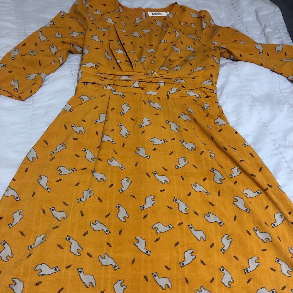 Anthropologie, Louche Gold Llama Dress, Small